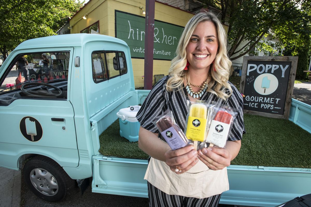 Jenna Rademan has just started a new business called Poppy Gourmet Ice Pops. They come in a variety of flavors like blueberry basil, Pineapple mojito, Strawberry rhubarb and many more. (Colin Mulvany / The Spokesman-Review)