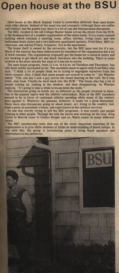 A University of Idaho Argonaut article titled, “Open house at the BSU,” is shown from 1971. The accompanying photograph depicts a member of the Black Student Union standing outside the College Master House, which held the BSU’s Cultural Center.  (University of Idaho Argonaut Digital Collection)