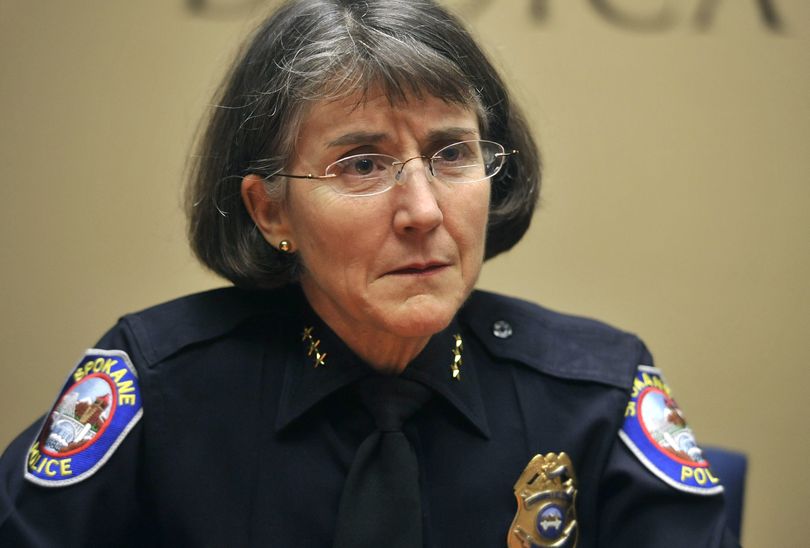 Spokane police Chief Anne Kirkpatrick talks in January 2011 about her department’s response to the backpack bomb found on the Martin Luther King Jr. Day Unity March route in downtown Spokane. (File)