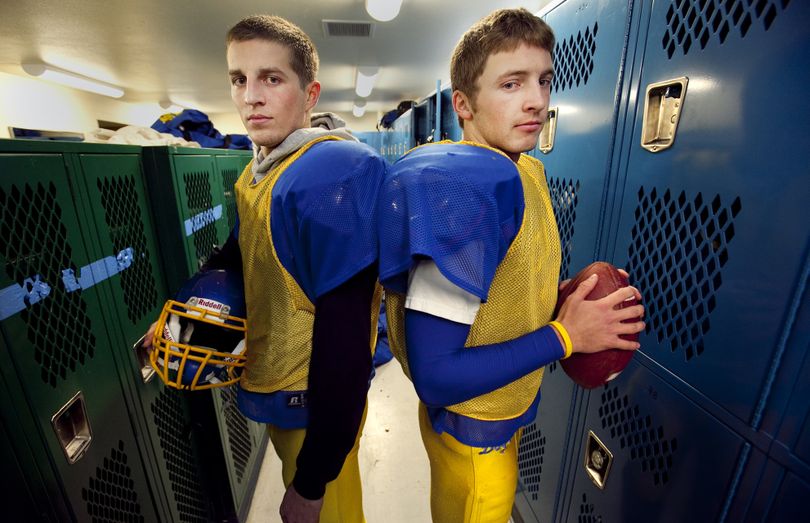 Colfax tight end/safety Kellen Morgan, left, and quarterback/cornerback Alex Teade have been best friends since kindergarten.  (Tyler Tjomsland / The Spokesman-Review)