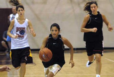 
Jordan Loera of the Spokane Stars, center, pushes the ball ahead in practice with Ann Noyes, left, and Carly Noyes trailing. 
 (Dan Pelle / The Spokesman-Review)