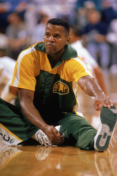 Seattle Sonics wing Dale Ellis stretches during warmups in the 1988-89 season.  (Getty Images)