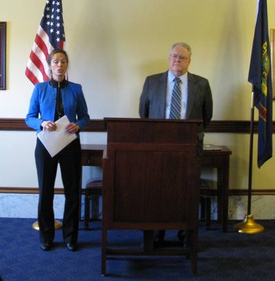 Senate Minority Leader Michelle Stennett, left, and House Minority Leader John Rusche, D-Lewiston, talk about legislative Democrats' agenda on Thursday (Betsy Z. Russell)
