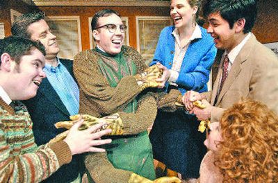 Brian Lambert, center, the nerd in his monster costume, is greeted from left, Chad Hagerty, David Rideout, Ryan Patterson, Paul Villabrille and Jaime Mathis during a scene from Spokane Civic Theatre's