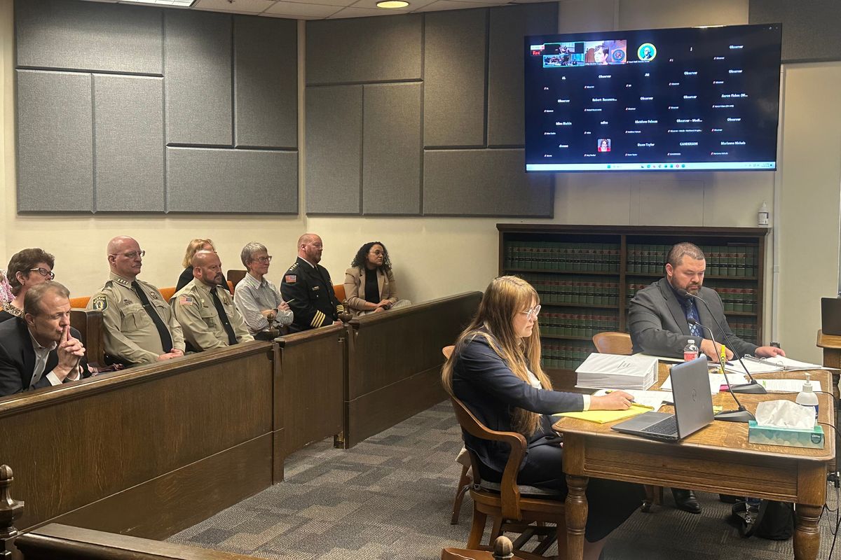 Spokane County Sheriff John Nowels watches a court hearing on April 29, 2026 to decide whether a Thurston County Superior Court Judge will issue a preliminary injunction to block new standards from county sheriffs to take effect.  (Mitchell Roland/THE SPOKESMAN-REVIEW)