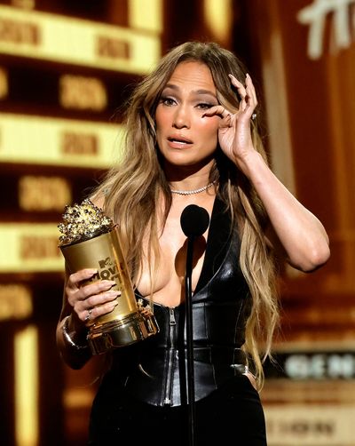 Honoree Jennifer Lopez accepts the MTV Generation Award at the 2022 MTV Movie & TV Awards at Barker Hangar on Sunday in Santa Monica, California.  (Kevin Winter/Getty Images North America/TNS)
