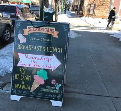 Sign outside Shenanigans in downtown Coeur d'Alene. (DFO/Huckleberries photo)