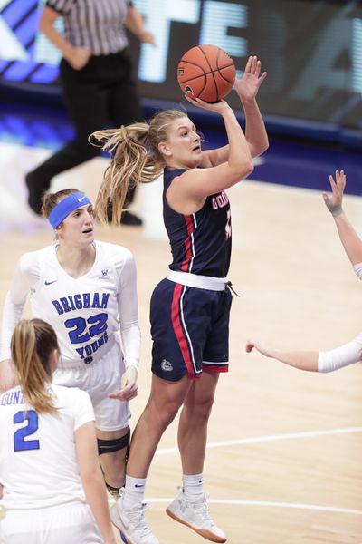 Gonzaga’s Laura Stockton shoots over BYU defenders during the Cougars’ 70-68 victory on Thursday  in Provo, Utah. (BYU Athletics / Courtesy)