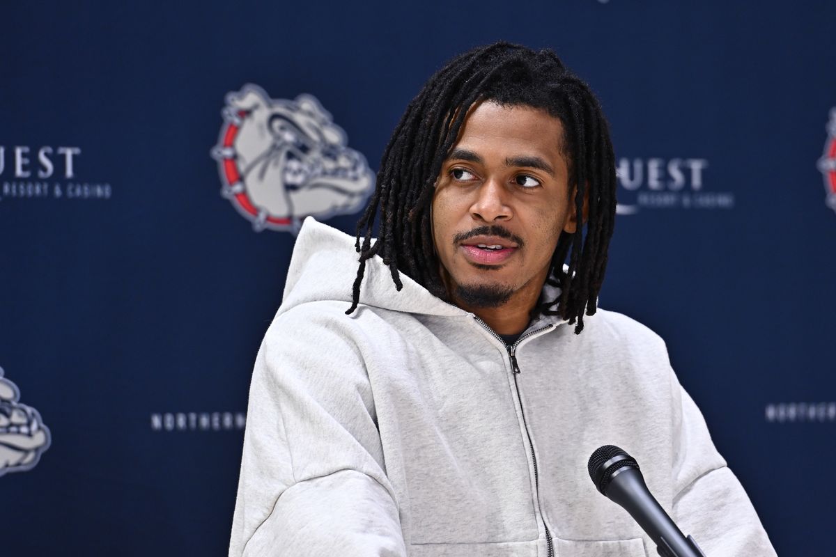 Gonzaga Bulldogs guard Adam Miller speaks with member of the media after the NCAA Division I Men