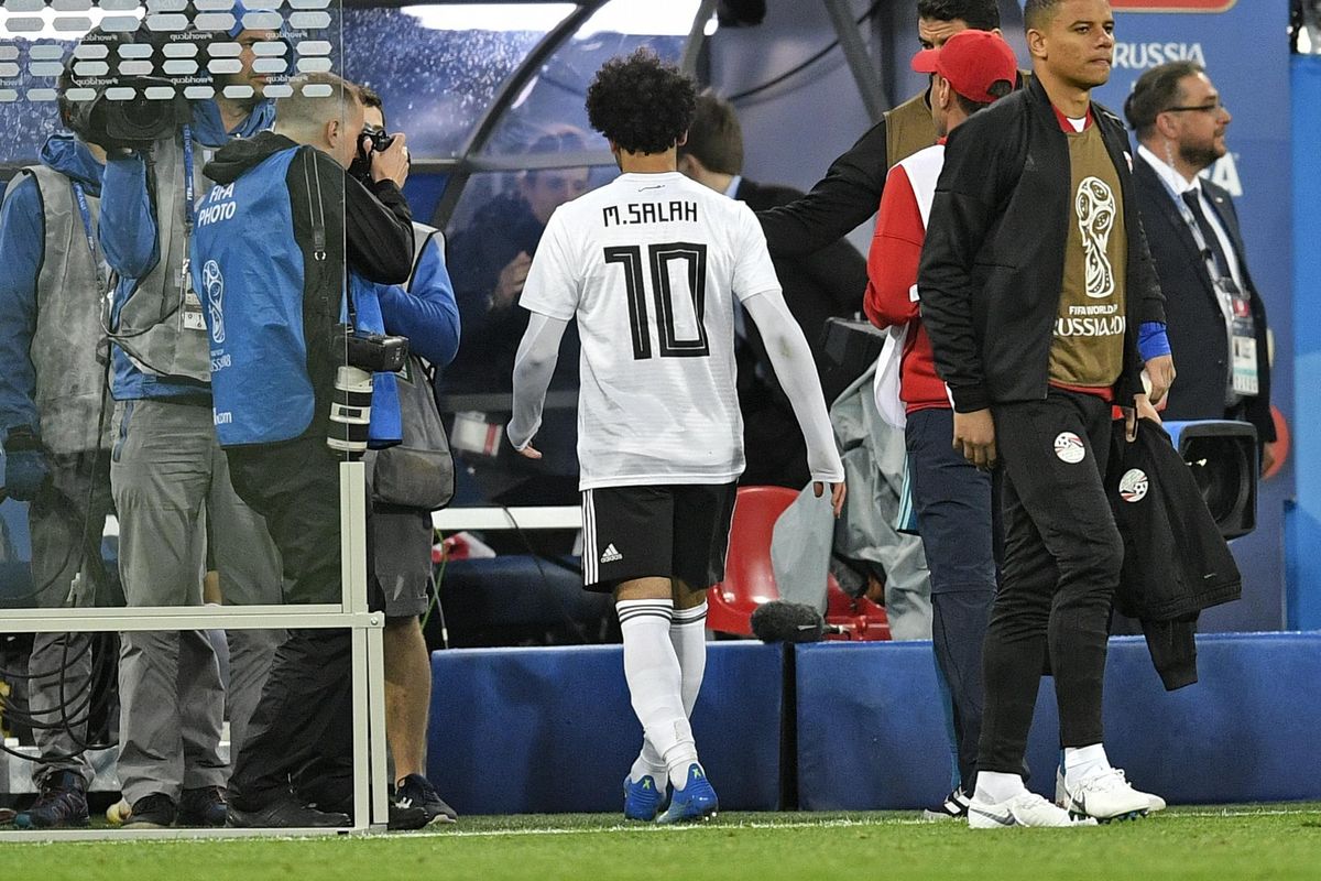 Egypt’s Mohamed Salah leaves the pitch  disappointed after losing the group A match between Russia and Egypt at the 2018 soccer World Cup in the St. Petersburg stadium in St. Petersburg, Russia, Tuesday, June 19, 2018. (Martin Meissner / Associated Press)