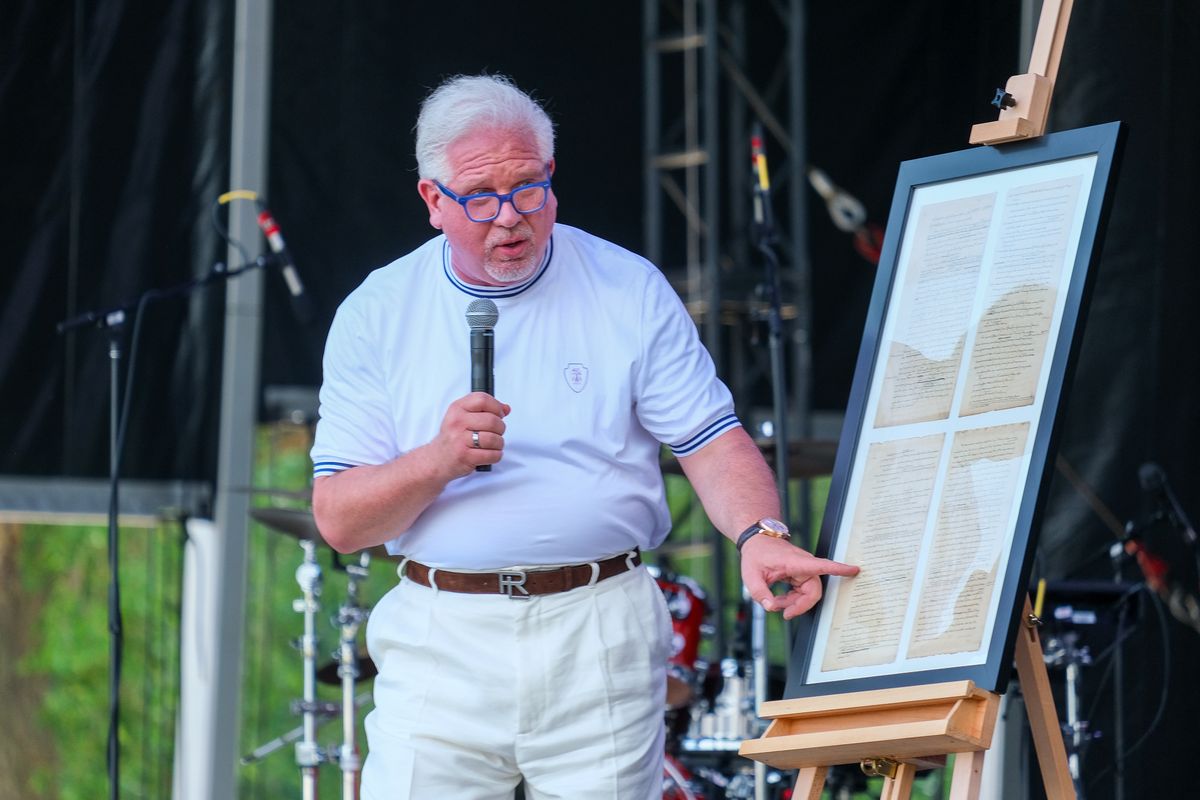 Political commentator Glenn Beck speaks to the crowd at the Great American State Fair in Washington, D.C., about Thomas Jefferson