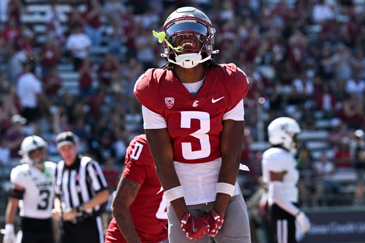 Washington State Cougars wide receiver Tre Shackelford (3) celebrates a touchdown against the Portland State Vikings during the first half of a college football game on Saturday, Aug. 31, 2024, at Gesa Field in Pullman, Wash.  (Tyler Tjomsland/The Spokesman-Review)