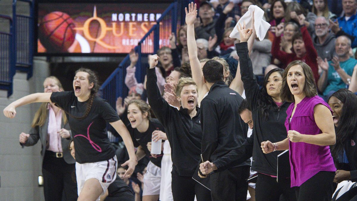 Gonzaga coach Lisa Fortier and the bench celebrate the Zags’ rally in the first half against Saint Mary’s, Feb. 11, 2017, in the McCarthey Athletic Center. (Dan Pelle / The Spokesman-Review)