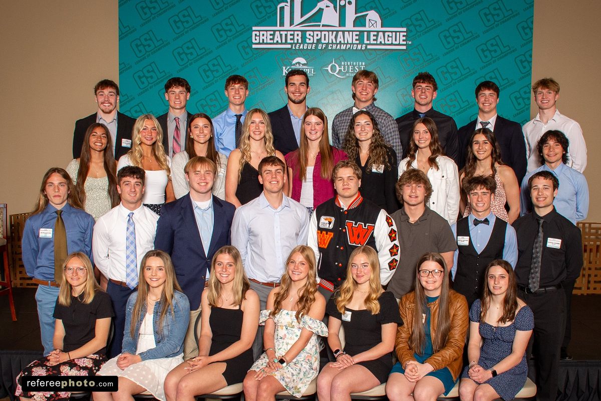 Recipients of the 2025 Greater Spokane League scholar-athlete awards pose after a ceremony at Spokane Valley CenterPlace on April 15, 2025. (Courtesy)