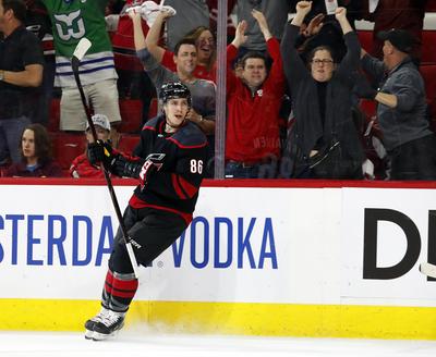 Carolina Hurricanes' Teuvo Teravainen, of Finland, reacts after scoring a goal against the Washington Capitals during the second period of Game 4 of an NHL hockey first-round playoff series in Raleigh, N.C, Thursday, April 18, 2019. (Karl B. DeBlaker / Associated Press)