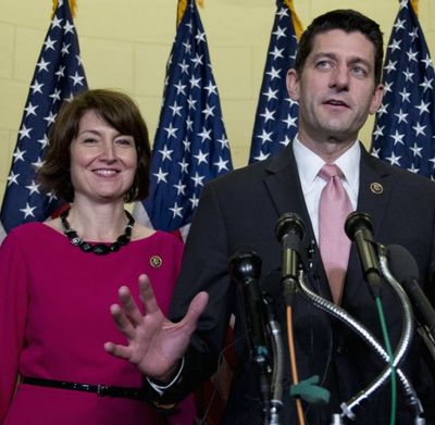 Rep. Cathy McMorris Rodgers, R-Wash., listens to Rep. Paul Ryan, R-Wis., during a news conference on Capitol Hill in Washington Oct. 28, 2015. (AP file photo)