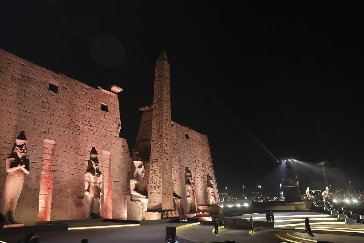 A view of the entrance of the Temple of Luxor ahead of the reopening ceremony of the Avenue of Sphinxes commonly known as El Kebbash Road on Thursday, Nov. 25, 2021 in Luxor, Egypt. The ceremony was meant to highlight the country’s archaeological treasures as Egypt struggles to revive its tourism industry, battered by years of political turmoil and more lately, the coronavirus pandemic.  (Mohamed El-Shahed)