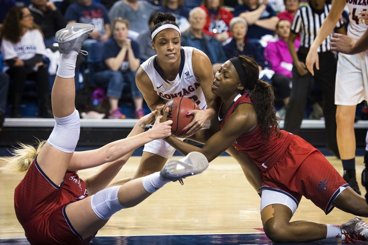Gonzaga forward Shaniqua Nilles, middle, battles for a loose ball against Lauren Nicholson, left, and Alia McCoy in the first half. (Colin Mulvany)