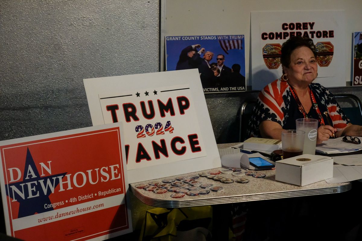 Candace Erickson, state committeewoman of the Grant County Republican Party Central Committee, listens during for a meeting at Time Out Pizza in Ephrata, Wash., on Aug. 1, 2024.  (Orion Donovan Smith/The Spokesman-Review)