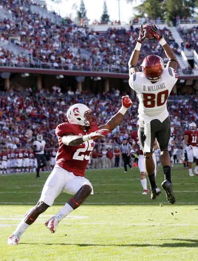 WSU receiver Dominique Williams, who got the start ahead of Marquess Wilson, makes a 43-yard catch. (Associated Press)