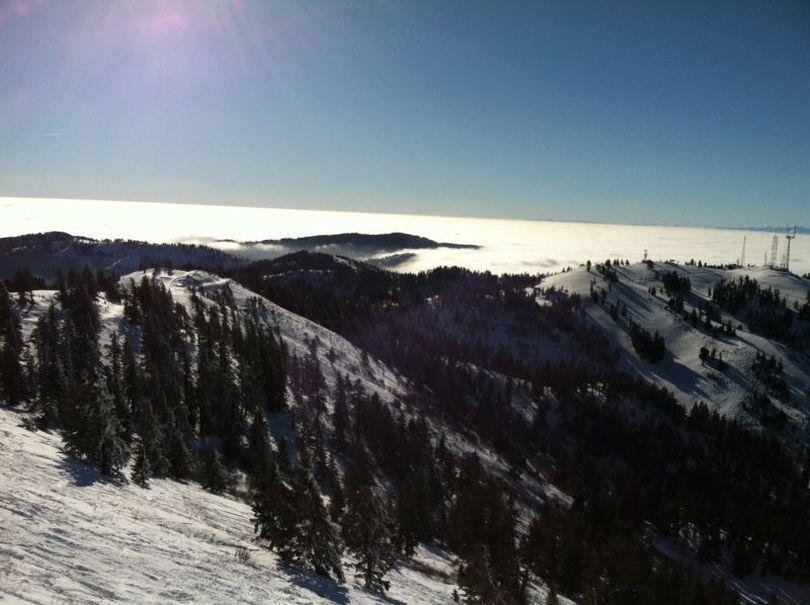 Fog shrouds the Treasure Valley on New Year's Day, while Bogus Basin up above has blue sky and sunshine. (Betsy Russell)