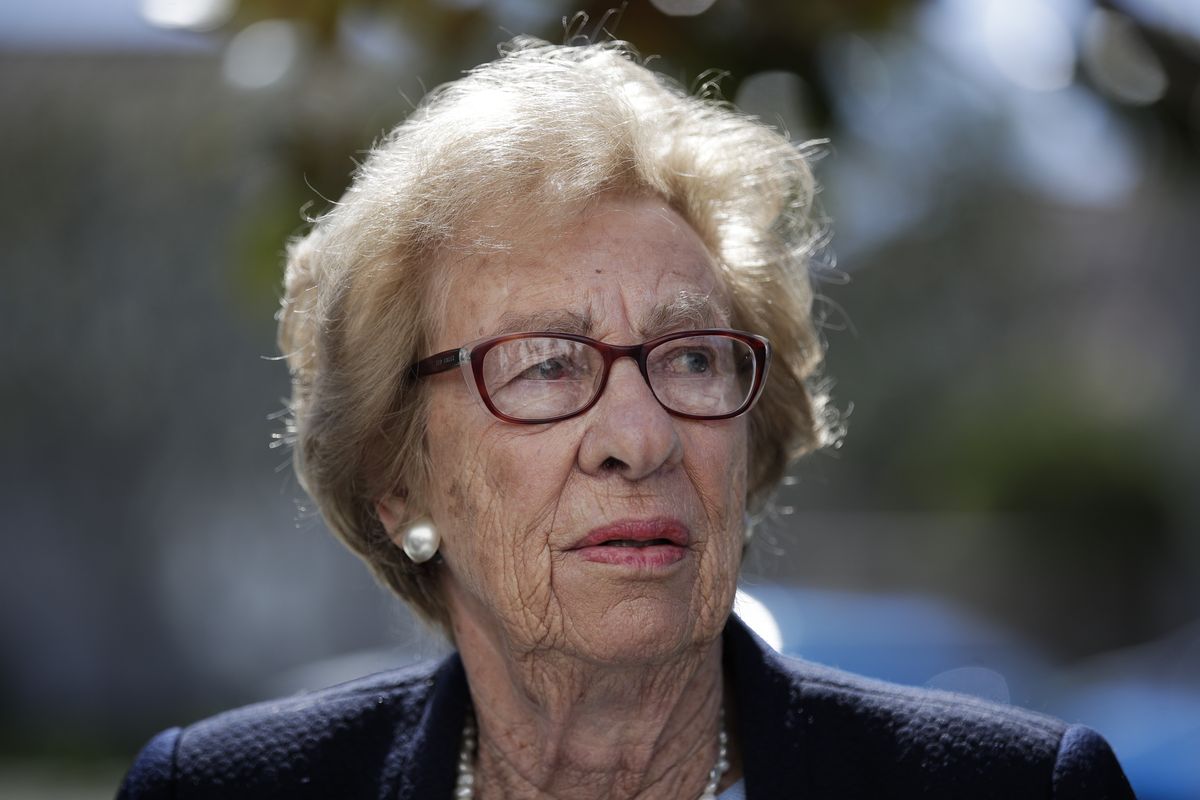 FILE - In this Thursday, March 7, 2019 file photo, Eva Schloss, the stepsister of Anne Frank and a Holocaust survivor, attends a news conference in Newport Beach, Calif. Holocaust survivors around the world are lending their voices to a campaign launched Wednesday July 29, 2020, targeting Facebook head Mark Zuckerberg, urging him to take action to remove denial of the Nazi genocide from the social media site. Eva Schloss is an Auschwitz survivor who today lives in London and has recorded a message for Zuckerberg. (Jae C. Hong)