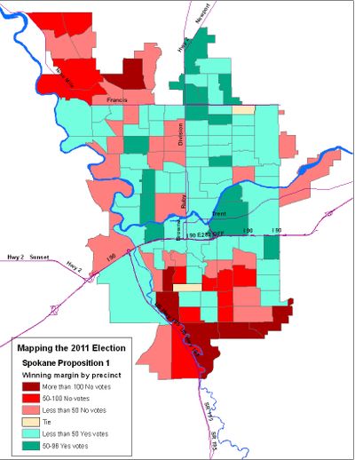 This is a map of the vote totals for the Community Bill of Rights, based on the Election Night tally. (Jim Camden)