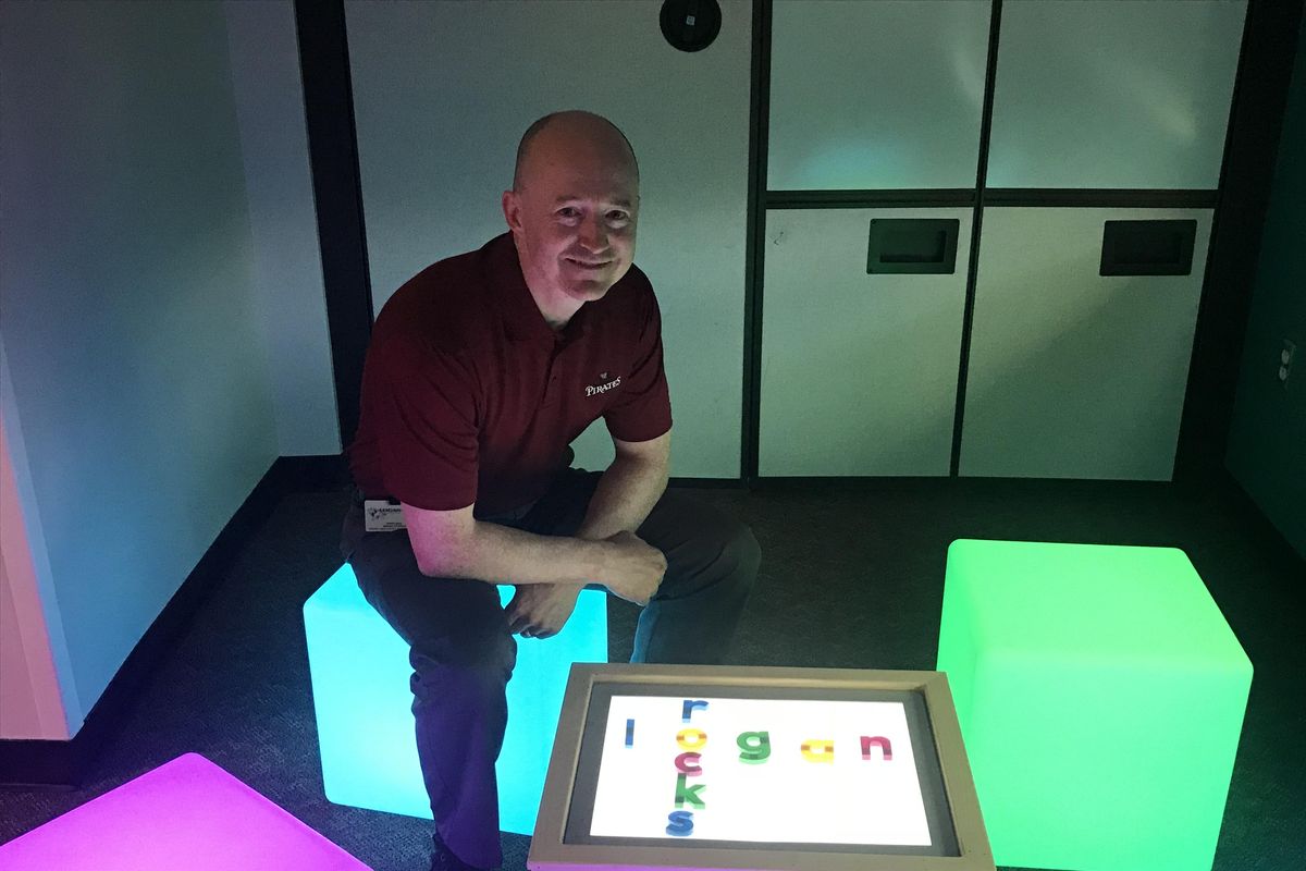 Brent Perdue, principal at Logan Elementary School, is photographed in the school’s new sensory room. (Nina Culver / The Spokesman-Review)