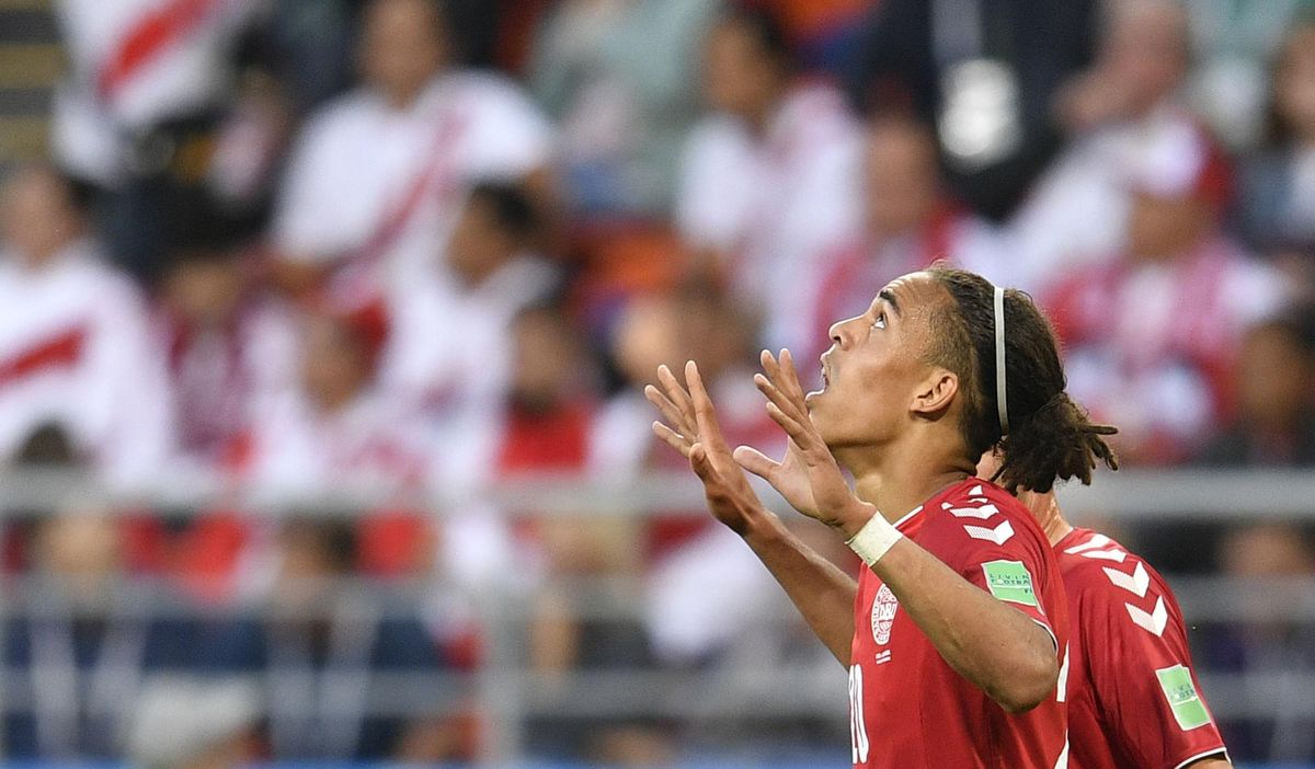 Denmark’s Yussuf Yurary Poulsen celebrates after scoring during the Group C match between Peru and Denmark at the 2018 soccer World Cup in the Mordovia Arena in Saransk, Russia, Saturday, June 16, 2018. (Martin Meissner / Associated Press)