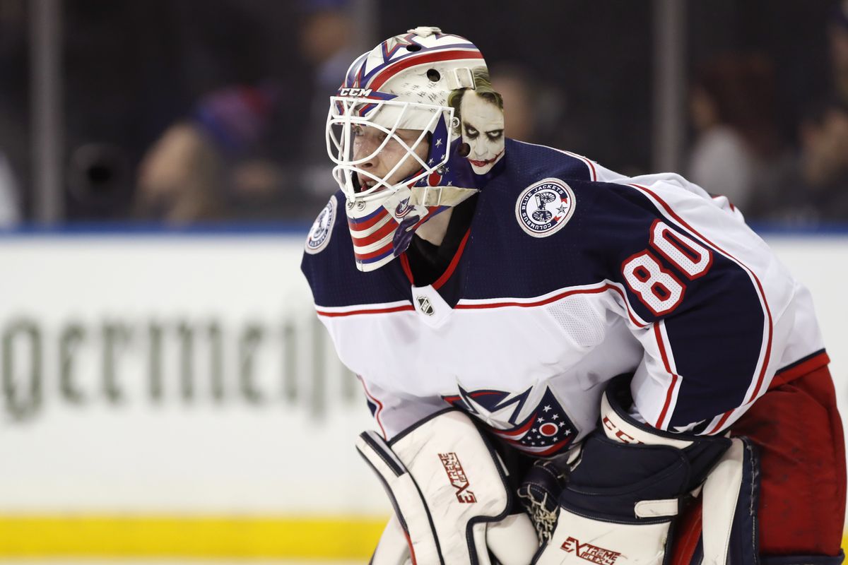 Columbus Blue Jackets goaltender Matiss Kivlenieks is shown during the second period of an NHL game in New York on Sunday, Jan. 19, 2020. The Columbus Blue Jackets and Latvian Hockey Federation said Monday, July 5, 2021, that 24-year-old goaltender Matiss Kivlenieks has died. A medical examiner in Michigan says an autopsy has determined that Columbus Blue Jackets goaltender Matiss Kivlenieks died of chest trauma from an errant fireworks mortar blast, and not a fall as authorities previously reported. Police in Novi, Michigan, said the mortar-style firework tilted slightly and started to fire toward people nearby Sunday night, July 4. (Kathy Willens)