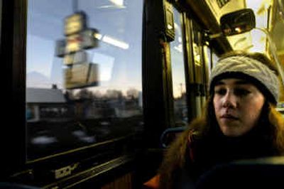 
Capri Holden rides the 7 a.m. bus along Sprague Avenue from Greenacres to Eastern Washington University in Cheney Friday morning. 
 (Holly Pickett / The Spokesman-Review)