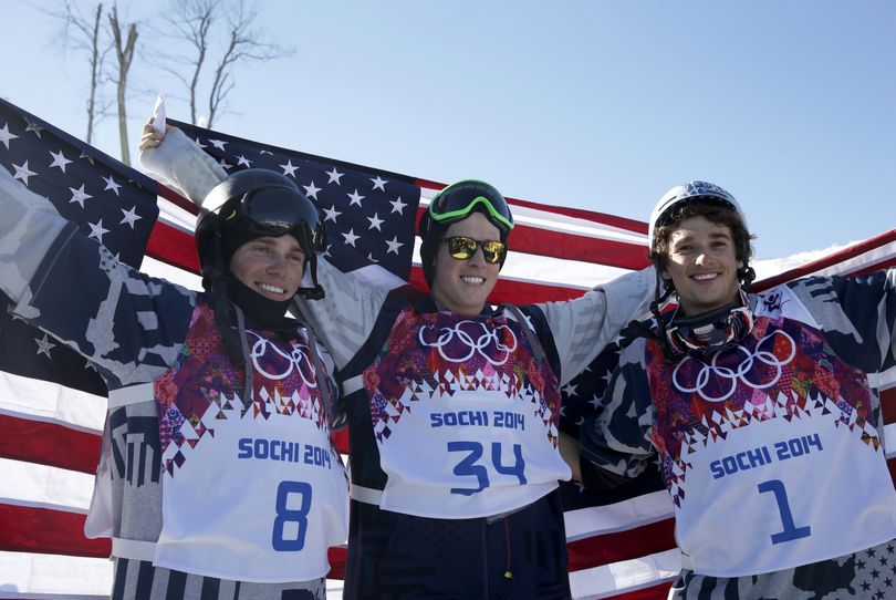 Gus Kenworthy (8), Joss Christensen and Nick Goepper (1) made Olympic history. (Associated Press)