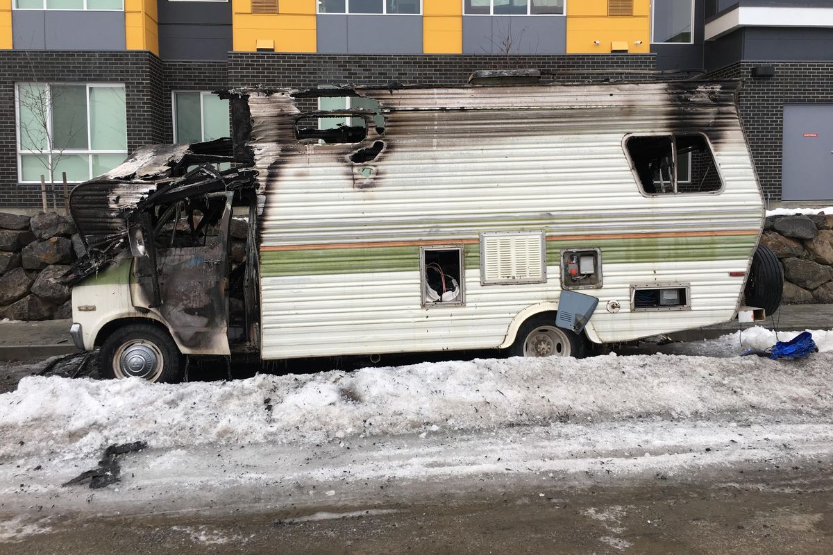 Firefighters responded to an RV fire blaze shortly after 4 a.m. Friday, Feb. 24. 2017. The RV was parked on the corner of Cowley Street and Short Avenue. (Eli Francovich / The Spokesman-Review)