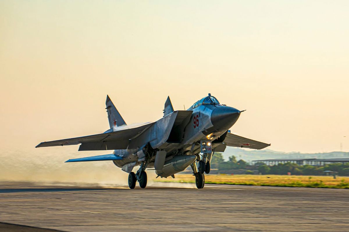 FILE - In this photo released by Russian Defense Ministry Press Service, a Russian MiG-31 fighter jet carrying a Kinzhal missile takes off from the Hemeimeem air base in Syria on June 25, 2021. The Russian military on Friday launched sweeping maneuvers in the Mediterranean Sea featuring warplanes capable of carrying hypersonic missiles, a show of force amid a surge in tensions following an incident with a British destroyer in the Black Sea.  (HOGP)