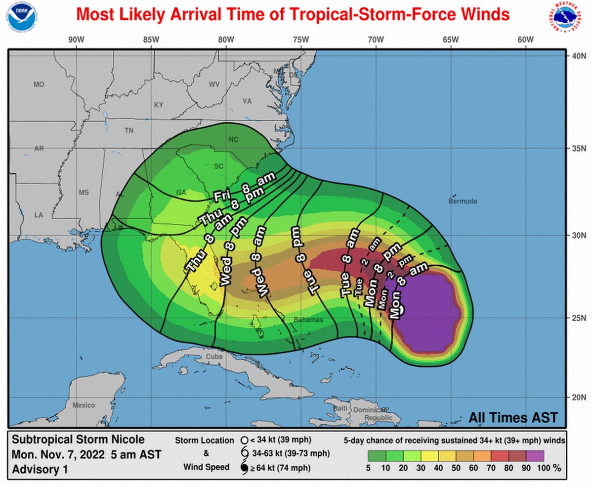Florida could start to feel Nicoleâ€™s tropical storm-force winds as early as Wednesday morning.    (National Hurricane Center/National Hurricane Center/TNS)