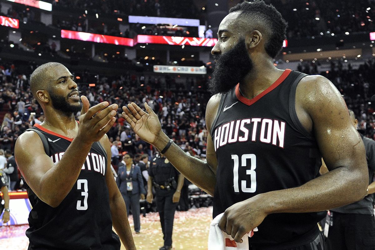 Houston Rockets guard Chris Paul (3) and James Harden celebrate the team’s win over the Utah Jazz during Game 5 of an NBA basketball second-round playoff series, Tuesday, May 8, 2018, in Houston. (Eric Christian Smith / Associated Press)