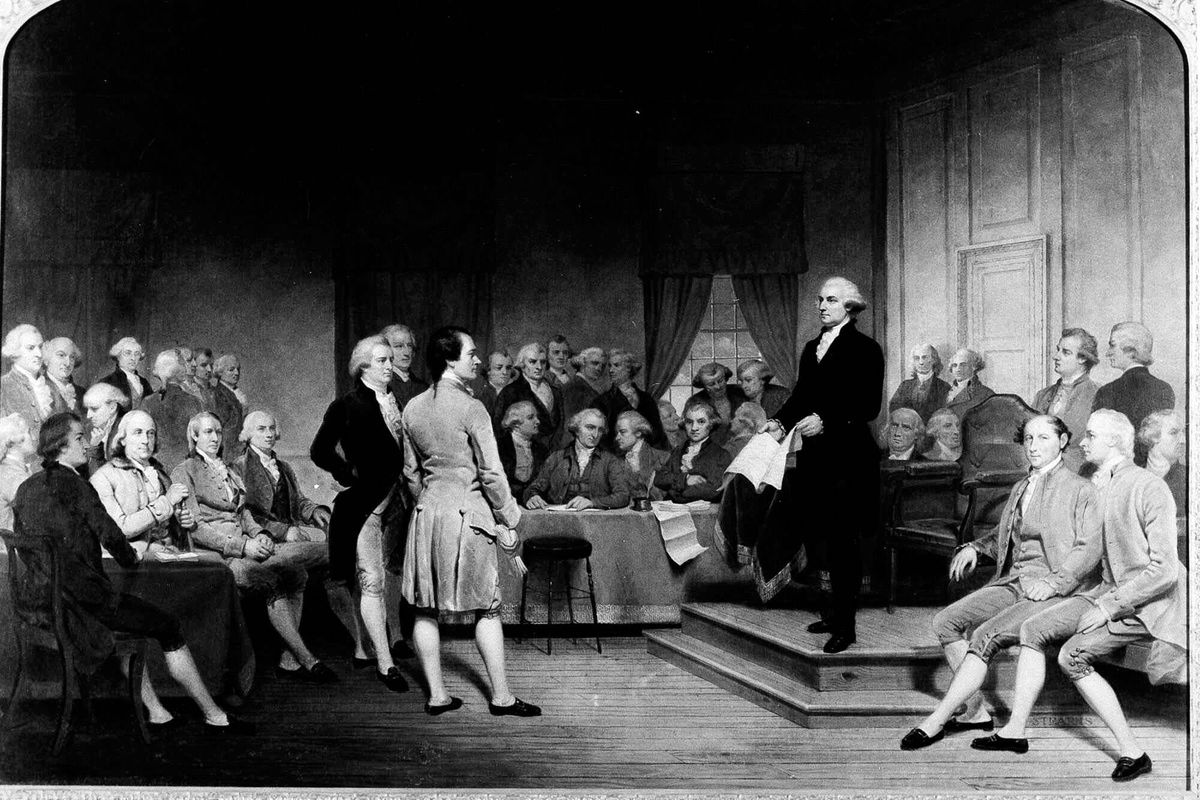 George Washington is depicted in the 1856 painting “George Washington Addressing the Constitutional Convention” by Junius Brutus Stearns, depicting a climactic moment at the end of the convention.  (Associated Press)