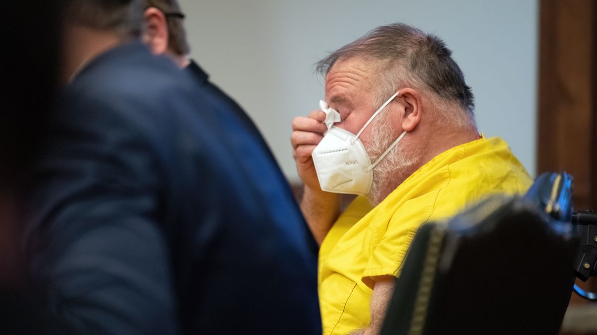 David Pettis, who was convicted of killing his wife by putting hydrocodone in her ice cream, wipes a tear from his eye after being sentenced to 25 years in prison, Wednesday, Jan. 12, 2022, by Spokane County Superior Judge Michael Price Judge Michael Price. (COLIN MULVANY/THE SPOKESMAN-REVI)