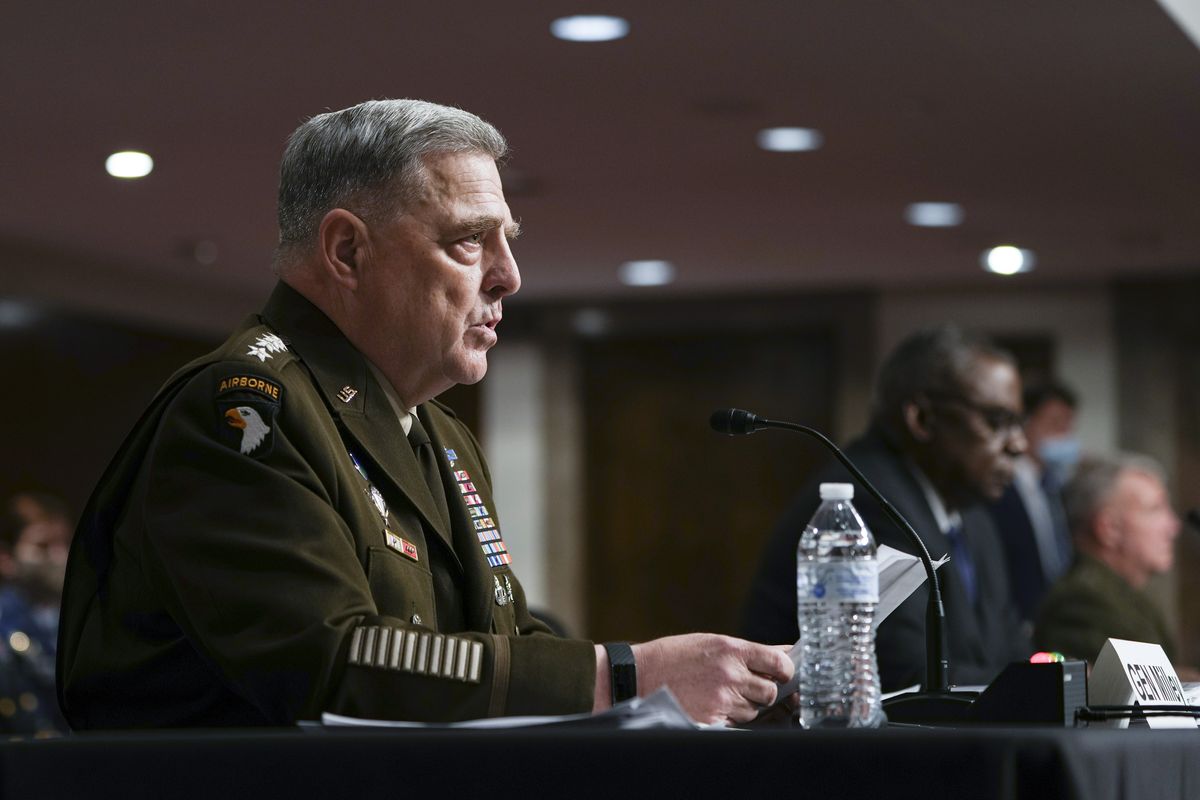 Chairman of the Joint Chiefs of Staff Gen. Mark Milley speaks during a Senate Armed Services Committee hearing on the conclusion of military operations in Afghanistan and plans for future counterterrorism operations, Tuesday, Sept. 28, 2021, on Capitol Hill in Washington..  (Sarahbeth Maney)