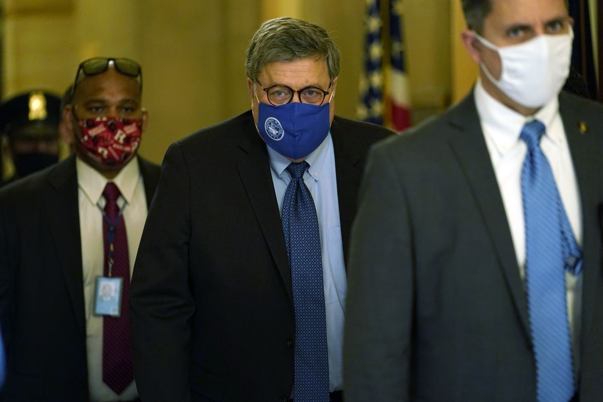 Attorney General William Barr leaves the office of Senate Majority Leader Mitch McConnell of Ky., on Capitol Hill in Washington, Monday, Nov. 9, 2020.  (Susan Walsh)