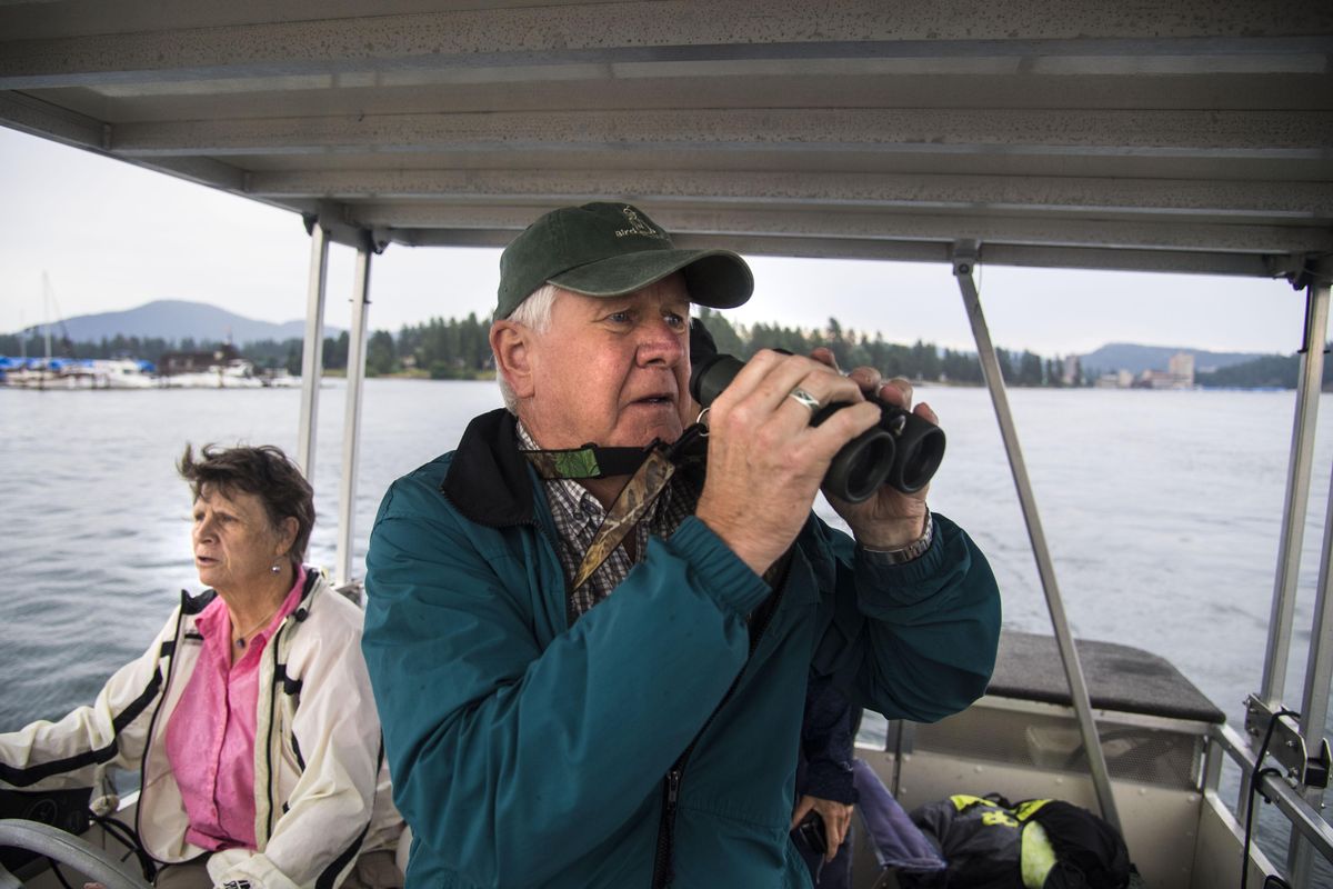 Wayne Melquist, right, searches for osprey nests as Brenda Garcia guides the pontoon boat, July 15, 2017, on Lake Coeur d’Alene. (Dan Pelle / The Spokesman-Review)