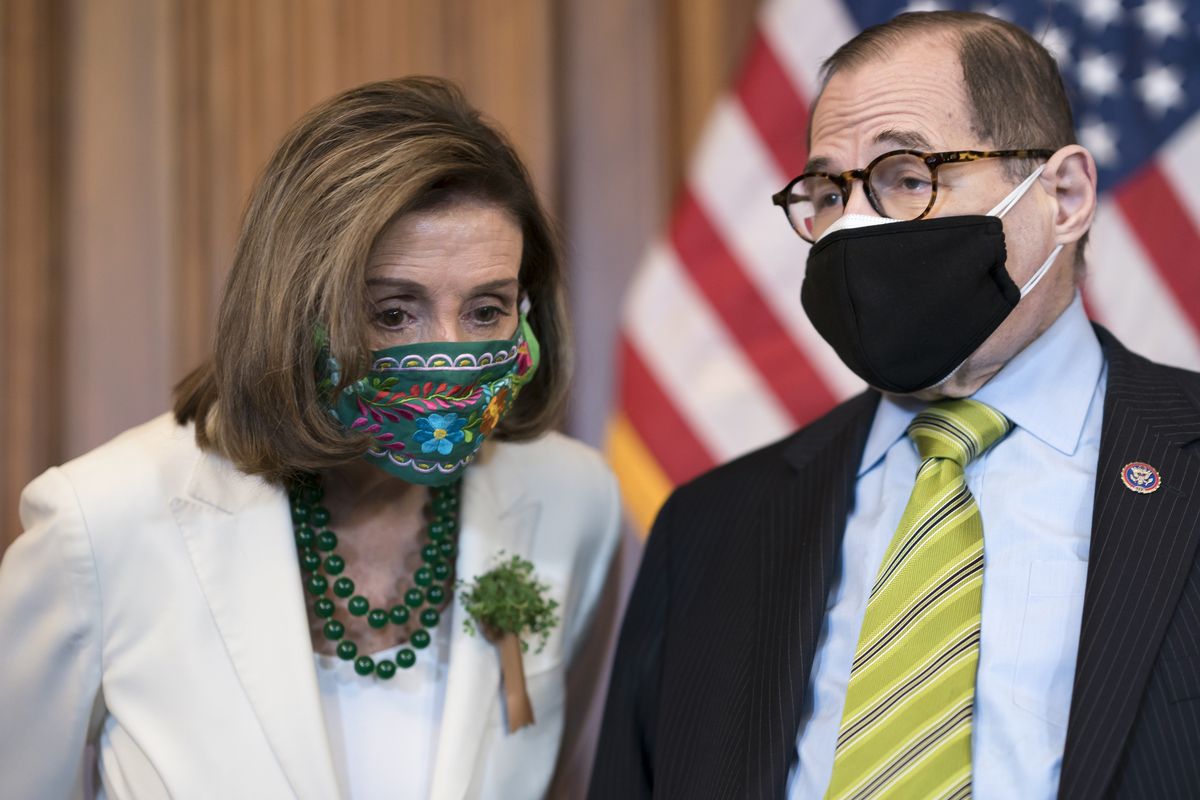 Speaker of the House Nancy Pelosi, D-Calif., left, confers with Rep. Jerrold Nadler, D-N.Y., the House Judiciary Committee chairman, at a news conference on reauthorizing the Violence Against Women Reauthorization Act, at the Capitol in Washington, Wednesday, March 17, 2021. (J. Scott Applewhite)