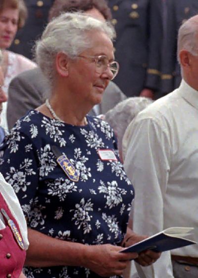 In this July 13, 1997 photo, Lorli von Trapp Campbell attends a mass honoring her father, in Stowe, Vt. A funeral home confirmed Lorli von Trapp Campbell died Sunday, Oct. 17, 2021, in Northfield, Vt. She was the second daughter of Maria von Trapp, whose Austrian family became famous through the musical and movie 