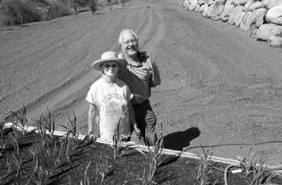 Arne Woodward and his wife, Charmagne, show off garlic plants and their soon-to-be planted garden that will be donated to the Plant-a-Row for the Hungry program at Spokane Valley Partners. Last year they donated more than 1,600 pounds of food.
(J. BART RAYNIAK / The Spokesman-Review)