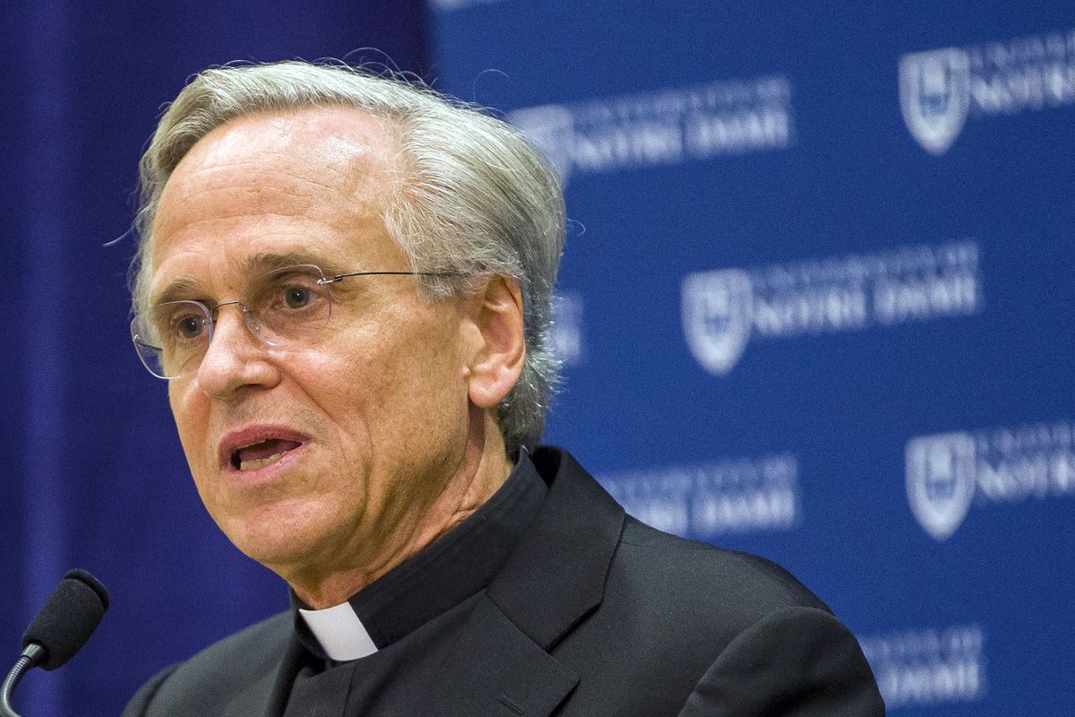 FILE - In this Oct. 11, 2019, file photo, University of Notre Dame President Rev. John I. Jenkins speaks during a news conference in South Bend, Ind. The University of Notre Dame