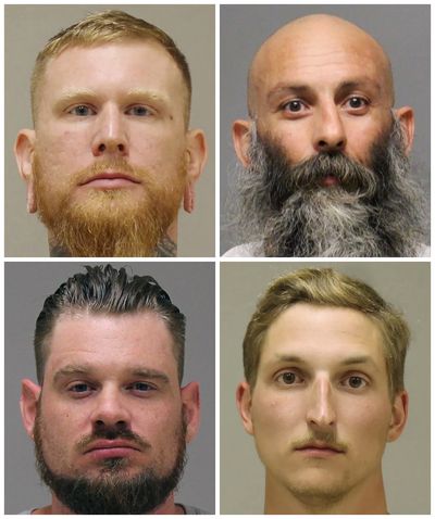 FILE - This combination of photos provided by the Kent County Sheriff and the Delaware Department of Justice shows, top row from left, Brandon Caserta and Barry Croft; and bottom row from left, Adam Dean Fox and Daniel Harris. The four members of anti-government groups are facing trial in March 2022 on federal charges accusing them in a plot to abduct Michigan's Democratic Gov. Gretchen Whitmer in 2020. Jury selection begins Tuesday, March 8, 2022, in a trial the presiding judge at the U.S. District Court courthouse in Grand Rapids, Mich., said could take over a month.  (HOGP)
