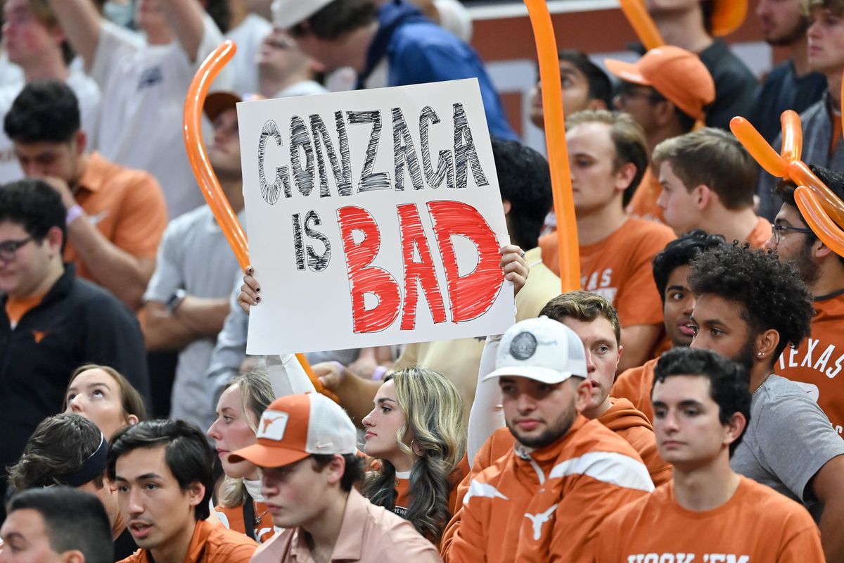 A Texas fan expresses her assessment of Gonzaga’s play during the second half of a college basketball game on Wednesday, Nov. 16, 2022, in the Moody Center in Austin, TX. Texas won the game 93-74.  (Tyler Tjomsland/The Spokesman-Review)