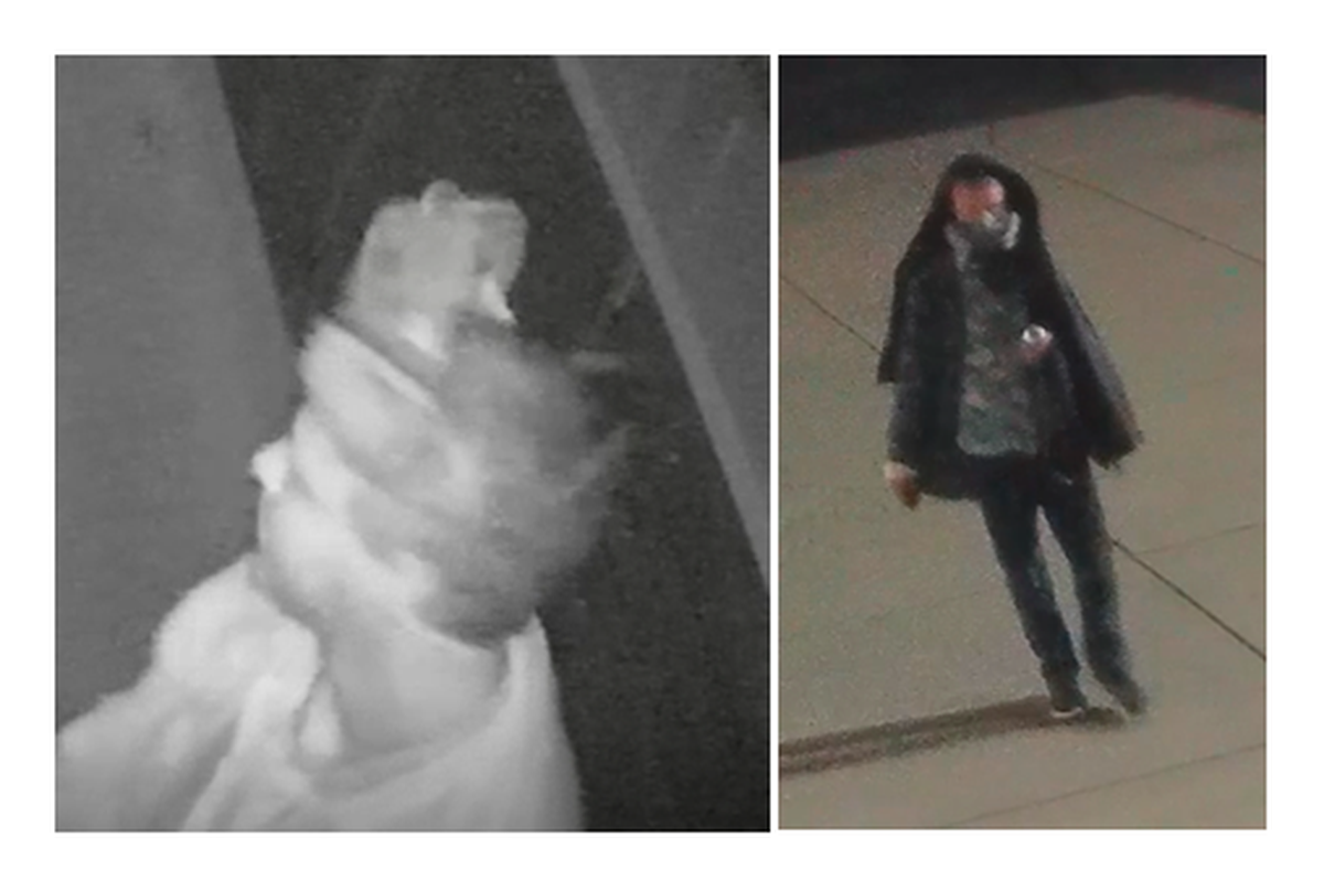Surveillance footage of a suspect in a March 2021 burglary and arson at St. Charles Church.  (Courtesy of the Spokane Police Department)