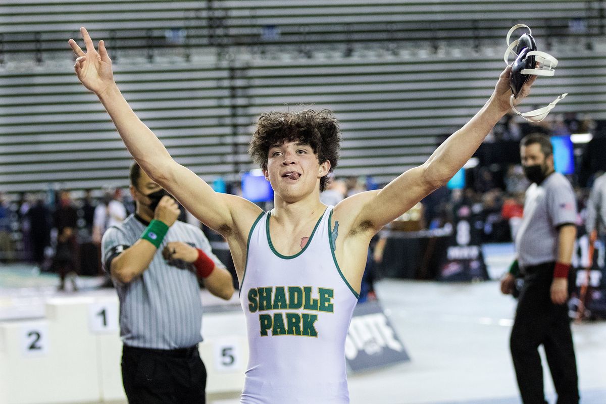 Shadle Park’s Zach Lopez celebrates Saturday after winning his 132-pound title match at the State 2A meet. The win made Lopez a two-time state champ. (Patrick Hagerty/For The Spokesman-Review)