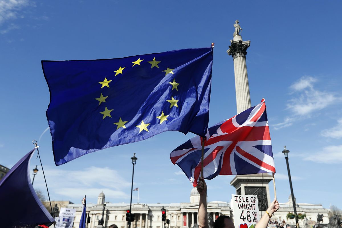 The European flag and the United Jack flag are held by Anti Brexit campaigners walking past Nelson